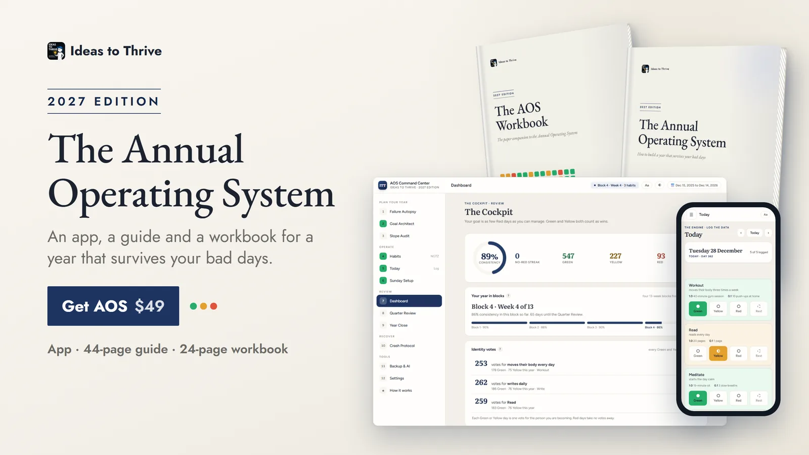 The Annual Operating System 2027 Edition: the app on a phone beside the guide and the workbook