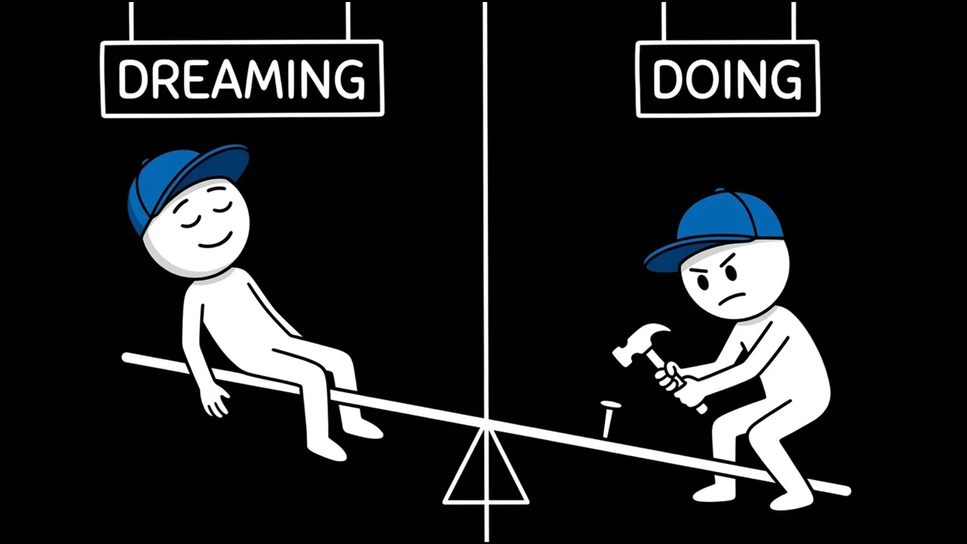 Two illustrated characters on a seesaw balanced between a sign reading Dreaming and a sign reading Doing